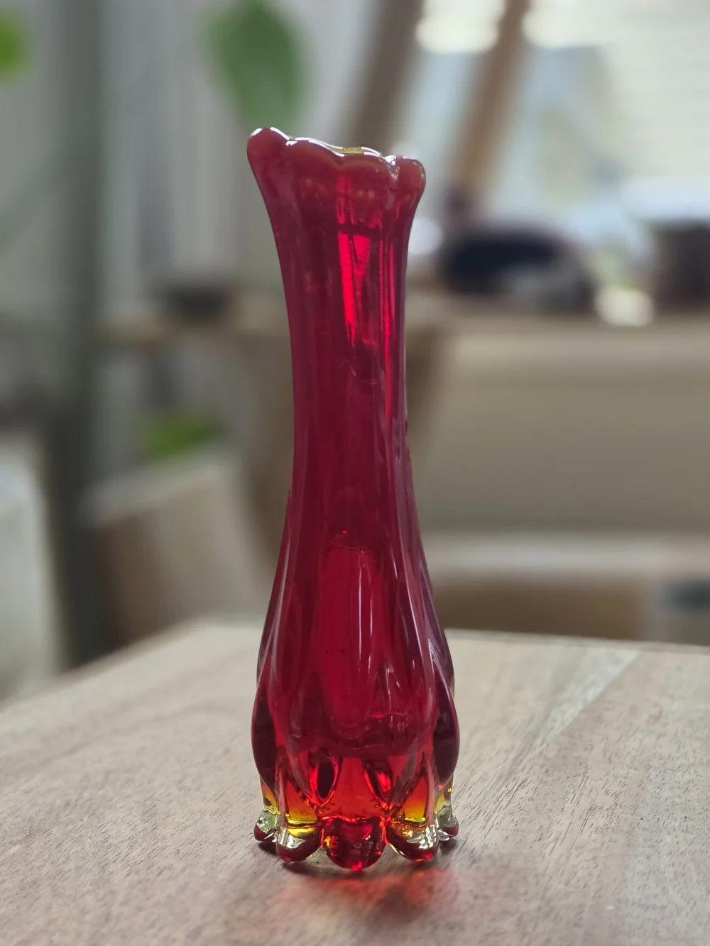 Vintage Ruby Red Fluted Art Glass Bud Vase Scalloped Edge Moody Maximalist
